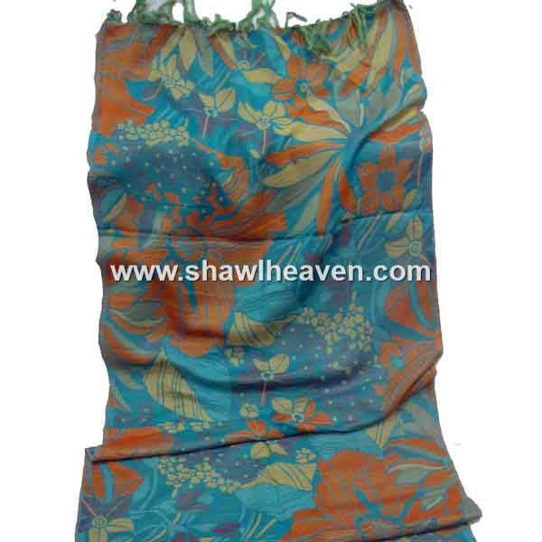 Sea blue floral pattern wool scarf